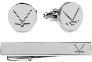 Engraved Silver Hockey Cufflinks & Tie Clip Set - Ships From USA