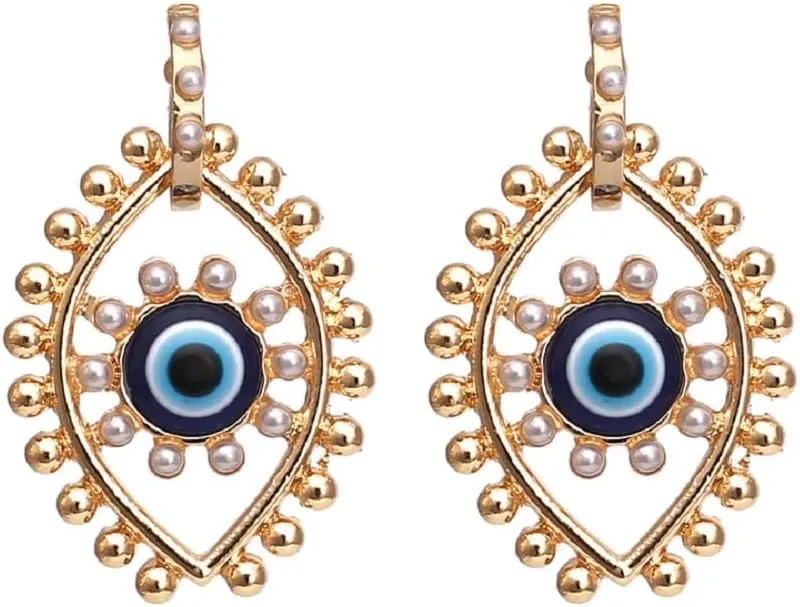 Evil Eye Pearl Dangle Hoop Earrings for Women - Hypoallergenic Beaded Studs, Cute Blue Drop Eye Jewelry, Funny Accessories