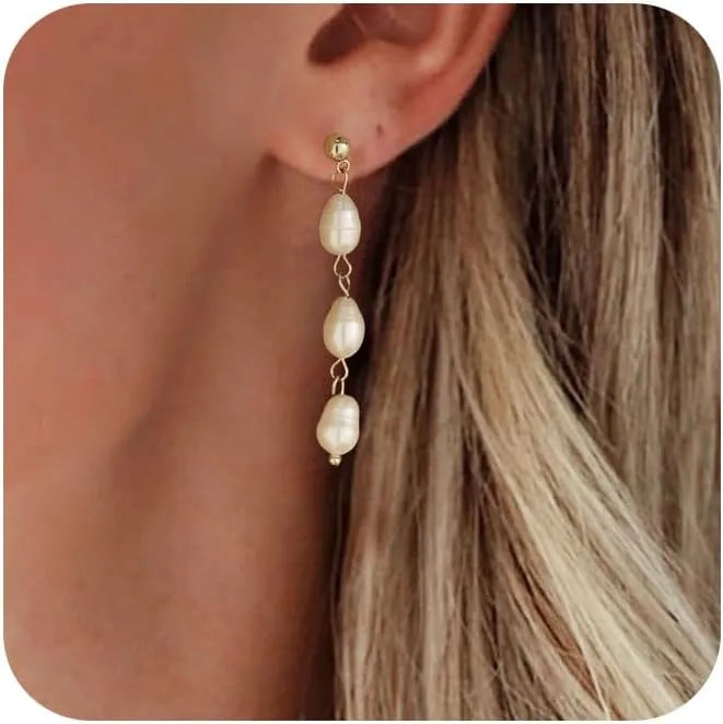 Ewrkbr Pearl Earrings for Women,Dainty 14k Gold Plated Pearl Drop Earrings Cute Gold Pearl Bow Earrings for Women Trendy Gold Pearl Dangle Earrings Charm Gold Jewelry Wedding Earrings for Brides