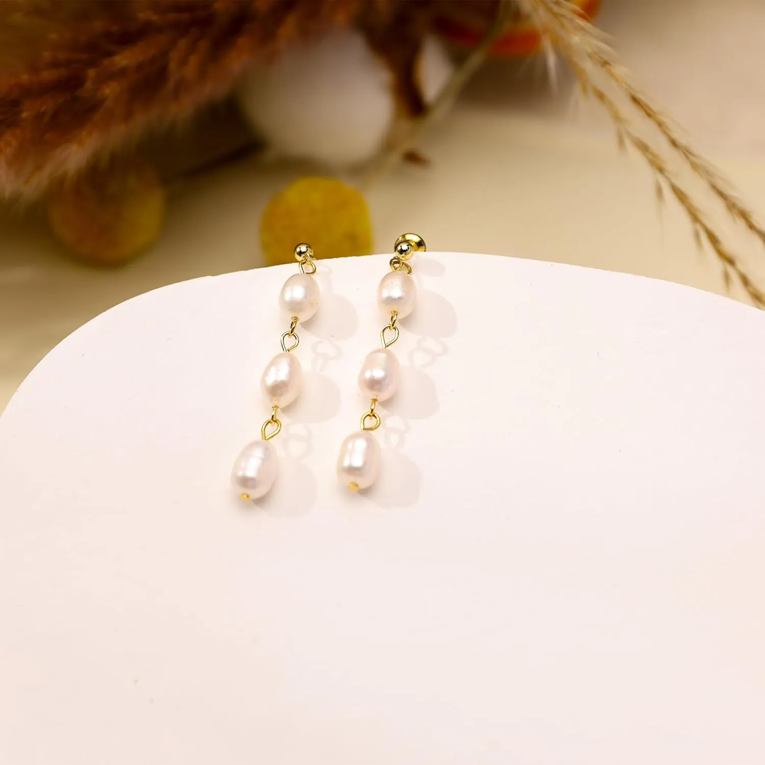 Ewrkbr Pearl Earrings for Women,Dainty 14k Gold Plated Pearl Drop Earrings Cute Gold Pearl Bow Earrings for Women Trendy Gold Pearl Dangle Earrings Charm Gold Jewelry Wedding Earrings for Brides