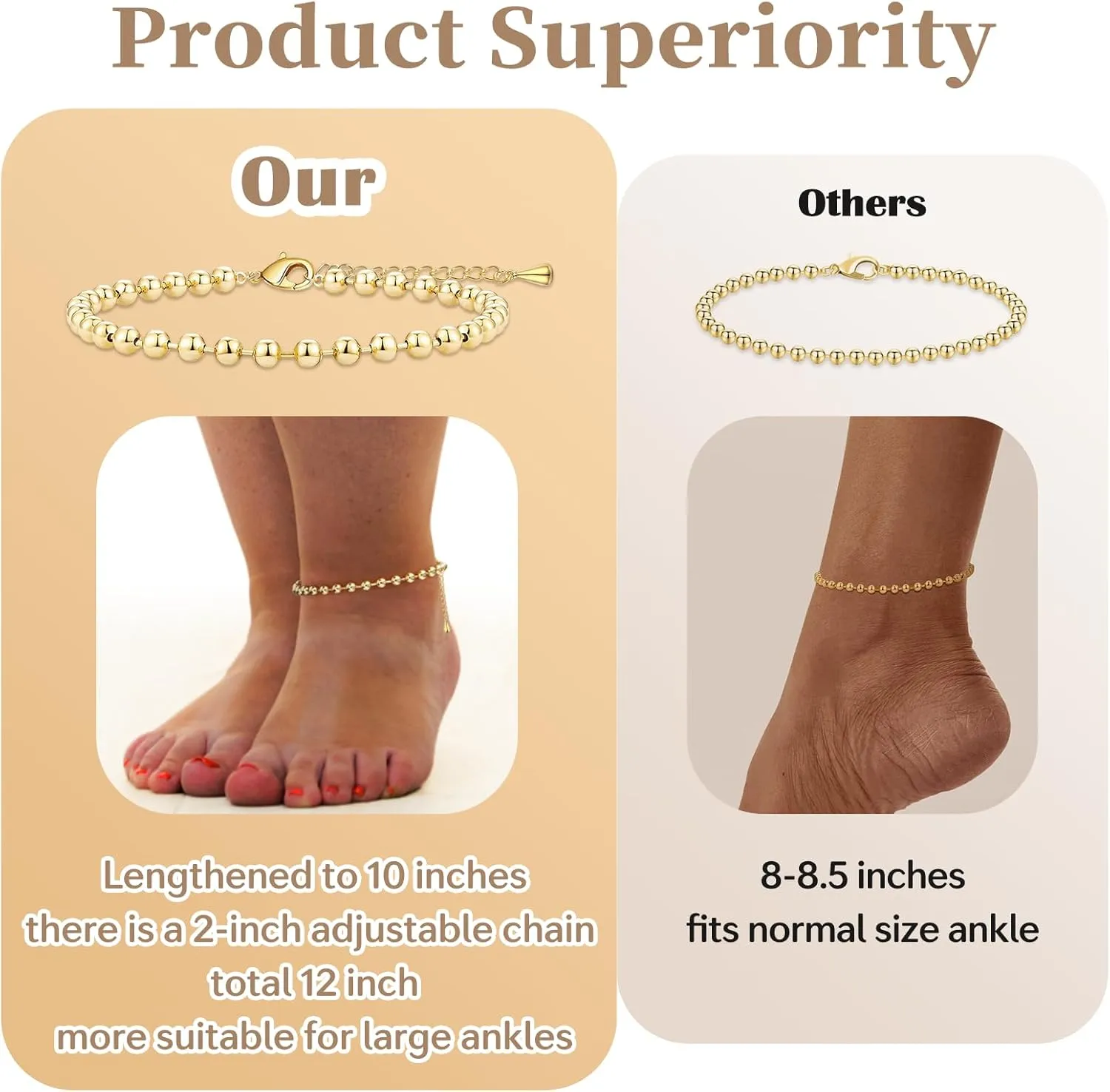 Extra Large Anklets for Women Large Ankle, 14K Real Gold Dainty Anklets for Women Waterproof, 10" 2" Adjustable Large Ankle Bracelets for Women Plus Size, Ankle Bracelets for Women Trendy