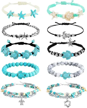 FASACCO 10 PCS Turtle Ankle Bracelets for Women Waterproof Handmade Starfish Sea Turtle Bracelet Adjustable Boho Summer Beach Bracelets for Women Men Bahamas Souvenirs