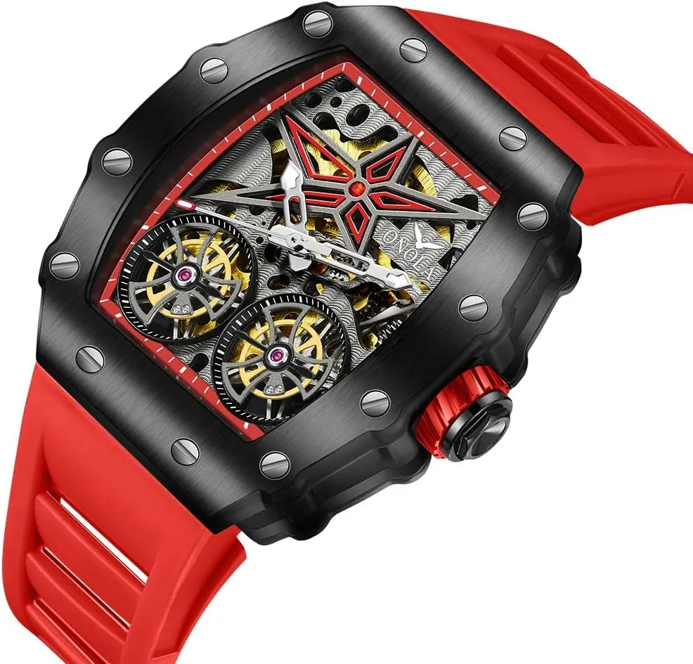 Fashion Tonneau Automatic Watch for Men Vintage Double Tourbillon Hollow Out Watches Waterproof Luminous Sports Mechanical Wristwatch