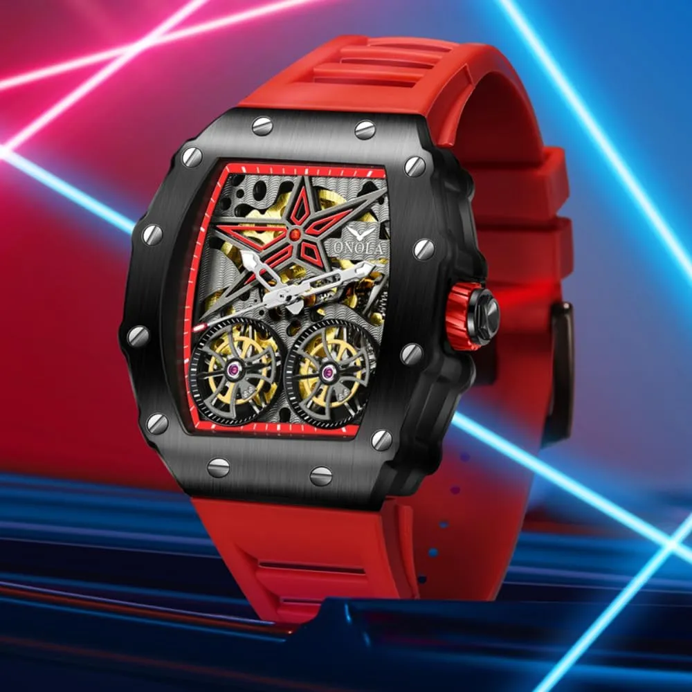 Fashion Tonneau Automatic Watch for Men Vintage Double Tourbillon Hollow Out Watches Waterproof Luminous Sports Mechanical Wristwatch