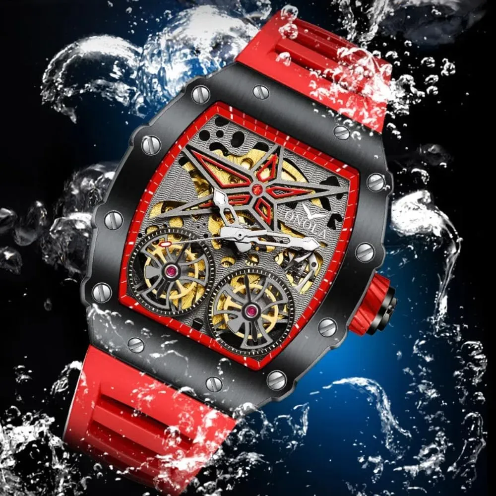 Fashion Tonneau Automatic Watch for Men Vintage Double Tourbillon Hollow Out Watches Waterproof Luminous Sports Mechanical Wristwatch