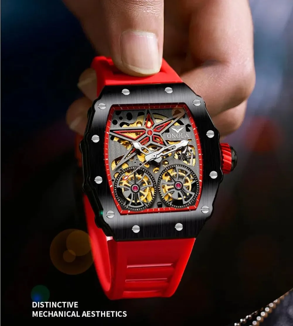 Fashion Tonneau Automatic Watch for Men Vintage Double Tourbillon Hollow Out Watches Waterproof Luminous Sports Mechanical Wristwatch