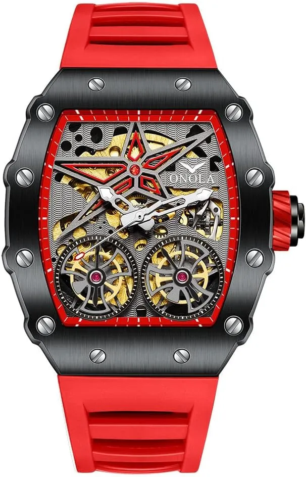 Fashion Tonneau Automatic Watch for Men Vintage Double Tourbillon Hollow Out Watches Waterproof Luminous Sports Mechanical Wristwatch
