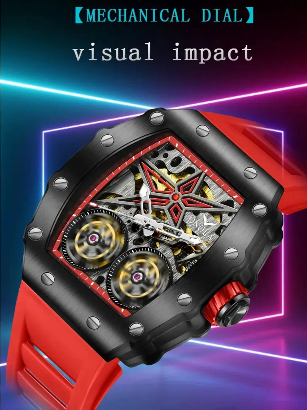 Fashion Tonneau Automatic Watch for Men Vintage Double Tourbillon Hollow Out Watches Waterproof Luminous Sports Mechanical Wristwatch