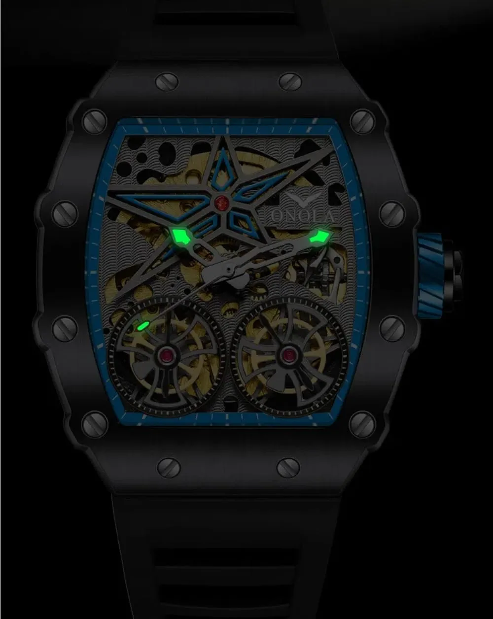 Fashion Tonneau Automatic Watch for Men Vintage Double Tourbillon Hollow Out Watches Waterproof Luminous Sports Mechanical Wristwatch