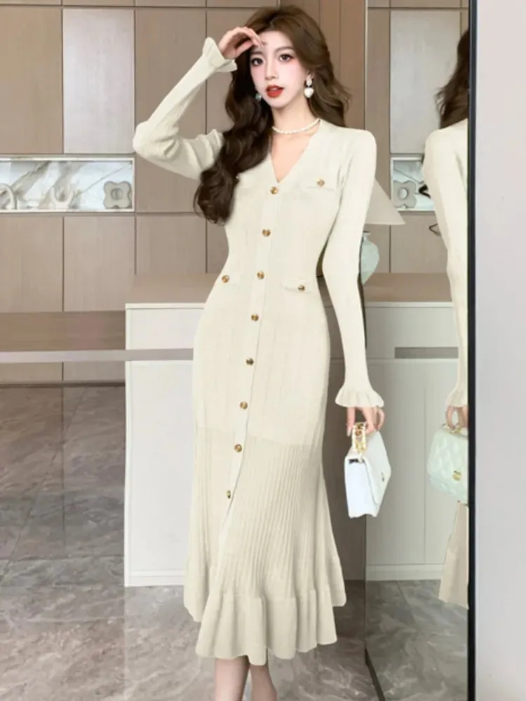 Fashionkova Autumn Solid Knitted Dresses for Women Single Breasted Chic Flared Sleeve Ruffles Hem Casual 2024 Female Office Elegant Robes