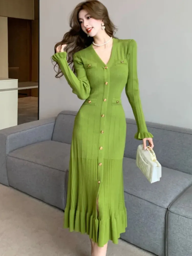 Fashionkova Autumn Solid Knitted Dresses for Women Single Breasted Chic Flared Sleeve Ruffles Hem Casual 2024 Female Office Elegant Robes
