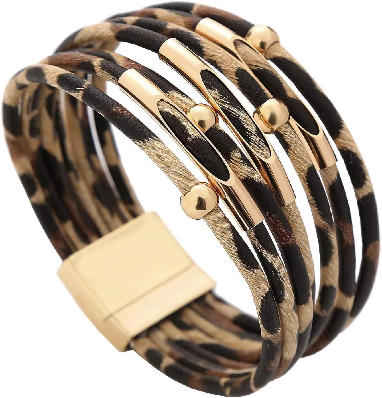 Fesciory Leather Wrap Bracelets for Women, Boho Leopard Multi-Layer Crystal Beads Cuff Bracelet Jewelry