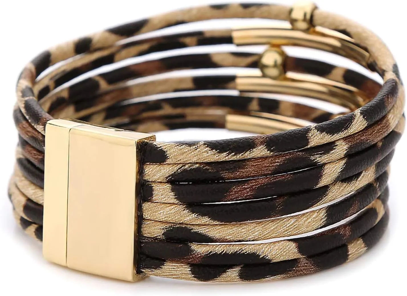 Fesciory Leather Wrap Bracelets for Women, Boho Leopard Multi-Layer Crystal Beads Cuff Bracelet Jewelry