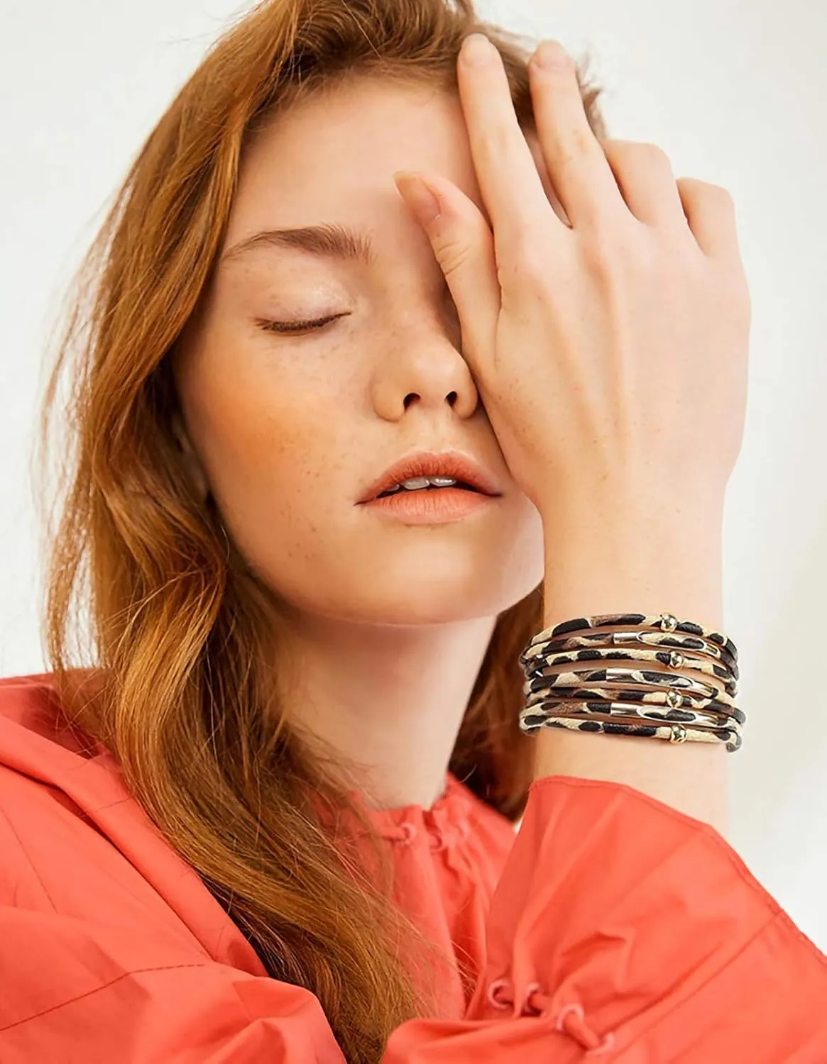 Fesciory Leather Wrap Bracelets for Women, Boho Leopard Multi-Layer Crystal Beads Cuff Bracelet Jewelry