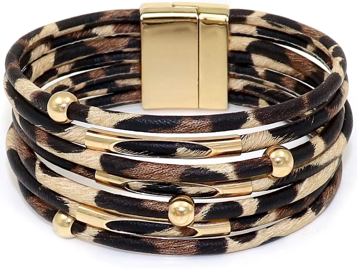 Fesciory Leather Wrap Bracelets for Women, Boho Leopard Multi-Layer Crystal Beads Cuff Bracelet Jewelry