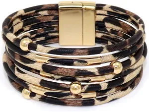 Fesciory Leather Wrap Bracelets for Women, Boho Leopard Multi-Layer Crystal Beads Cuff Bracelet Jewelry