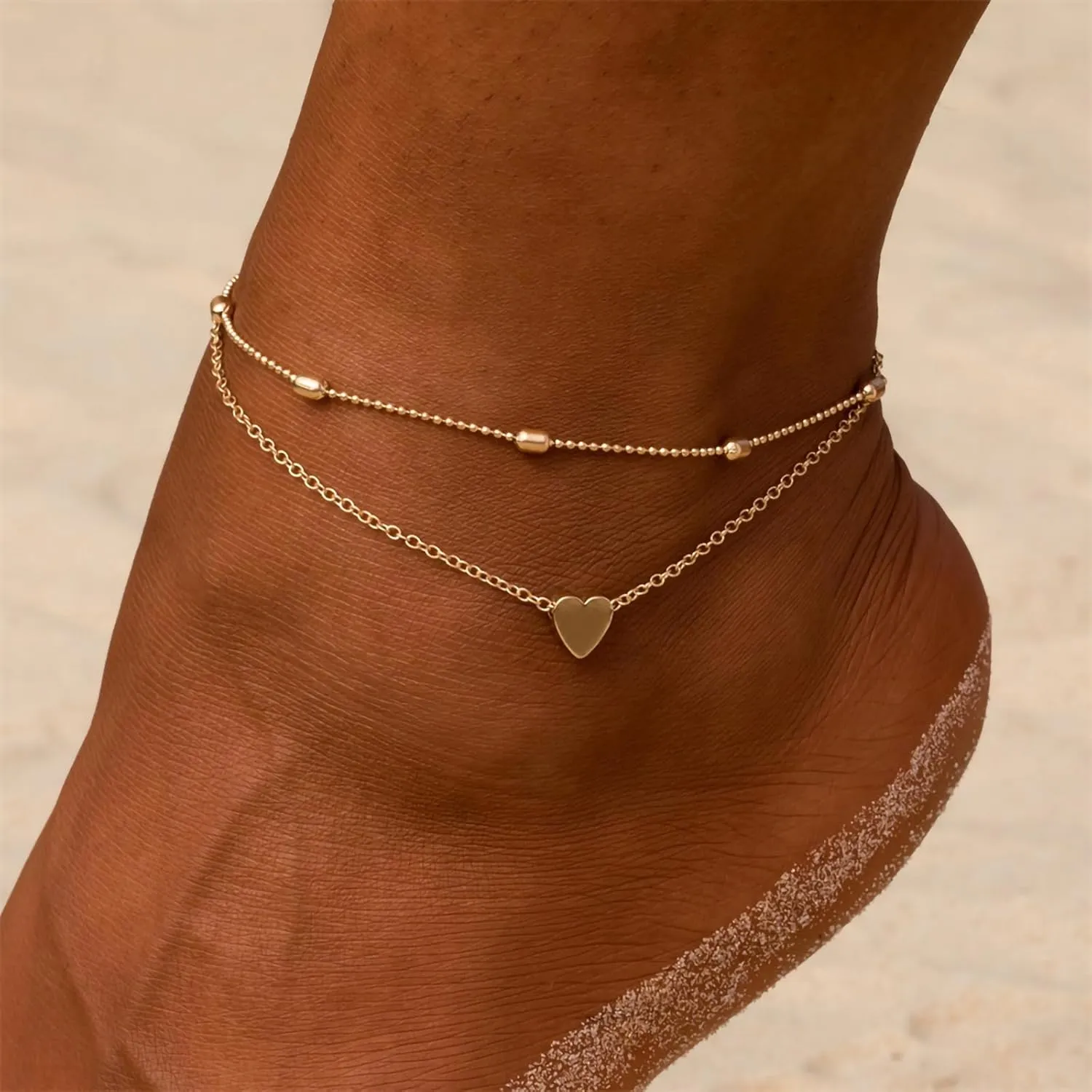 Fesciory Women Heart Anklet Adjustable Beach Layered Ankle Bracelets for Women Gold Alloy Foot Chain Jewelry