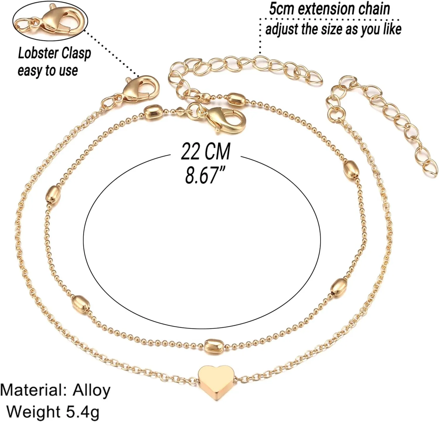 Fesciory Women Heart Anklet Adjustable Beach Layered Ankle Bracelets for Women Gold Alloy Foot Chain Jewelry