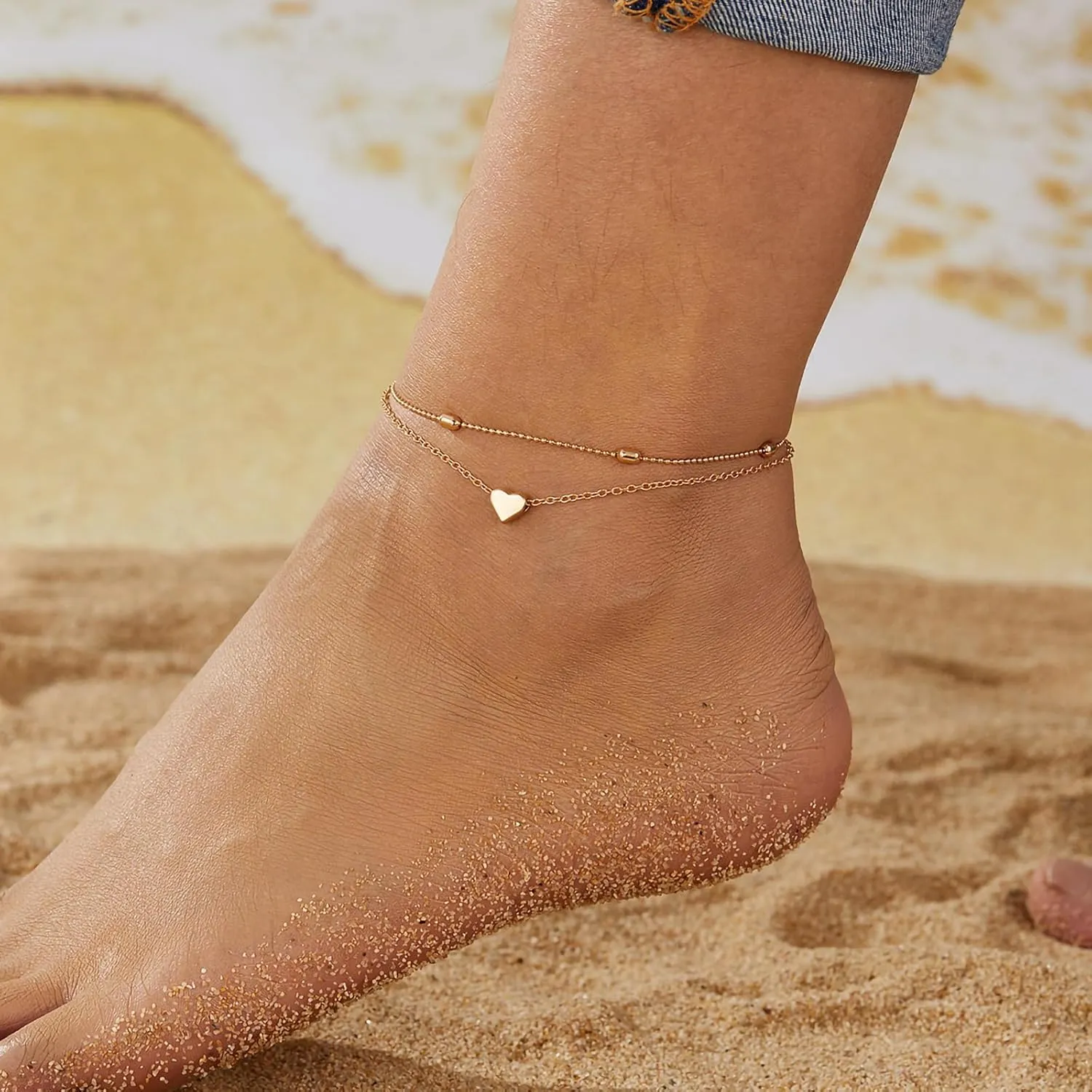 Fesciory Women Heart Anklet Adjustable Beach Layered Ankle Bracelets for Women Gold Alloy Foot Chain Jewelry