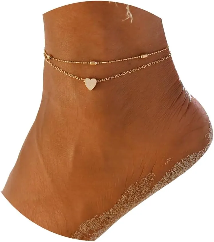 Fesciory Women Heart Anklet Adjustable Beach Layered Ankle Bracelets for Women Gold Alloy Foot Chain Jewelry