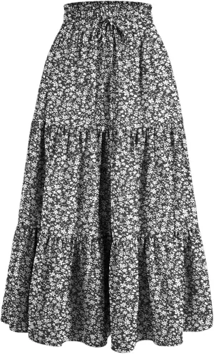 Floral Maxi Skirts for Women 2025 Summer Comfy Tiered Elastic High Waisted Vacation A-Line Flowy Swing Long Skirts