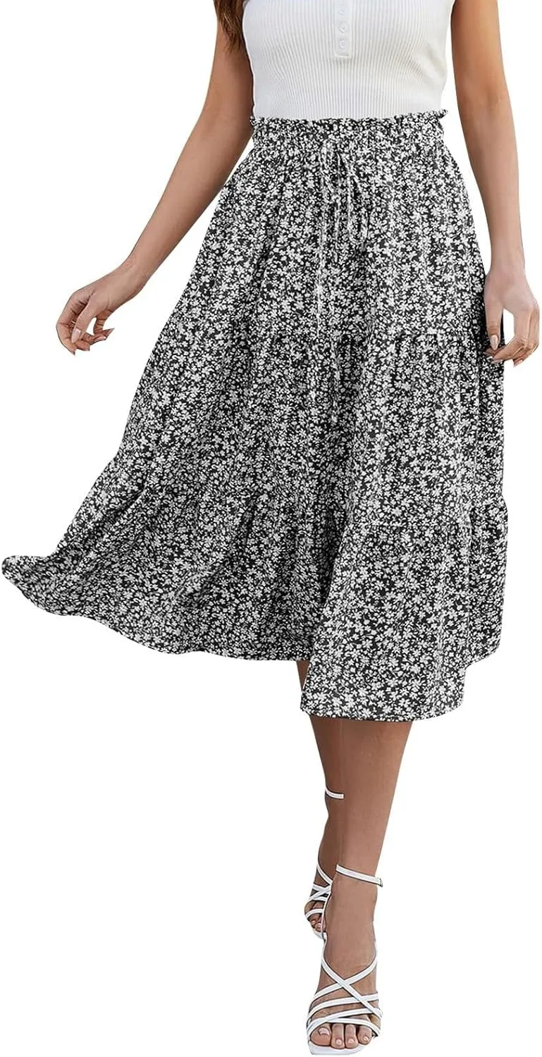 Floral Maxi Skirts for Women 2025 Summer Comfy Tiered Elastic High Waisted Vacation A-Line Flowy Swing Long Skirts