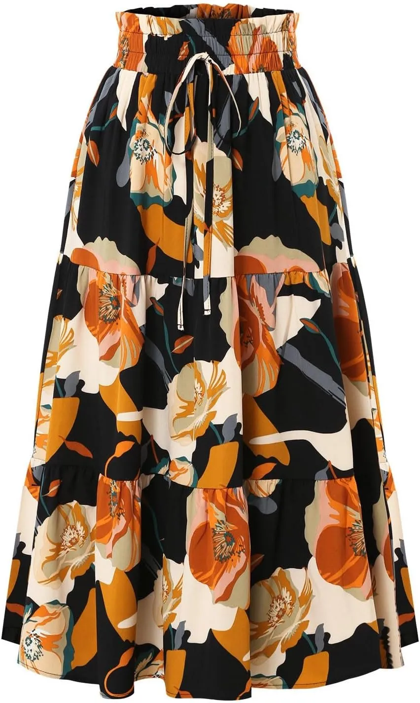 Floral Maxi Skirts for Women Maxi Spring Flowy Boho Comfy Tiered Western Skirt Boho