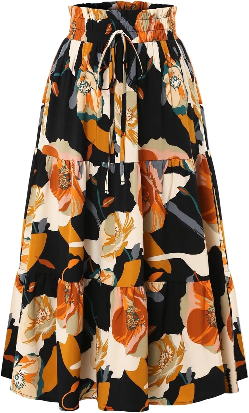 Floral Maxi Skirts for Women Maxi Spring Flowy Boho Comfy Tiered Western Skirt Boho