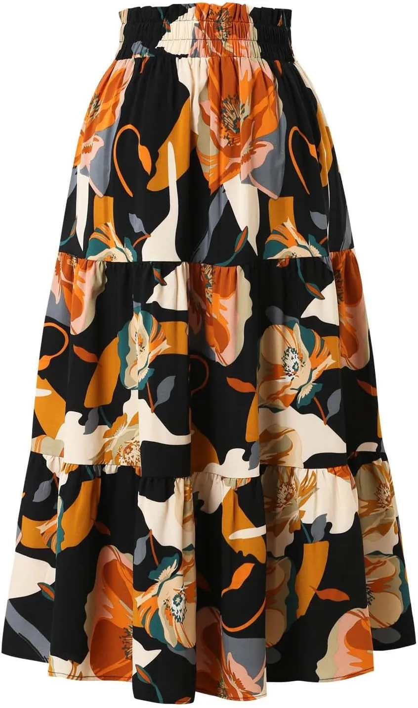 Floral Maxi Skirts for Women Maxi Spring Flowy Boho Comfy Tiered Western Skirt Boho