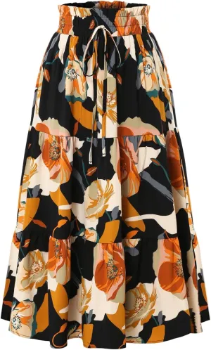 Floral Maxi Skirts for Women Maxi Spring Flowy Boho Comfy Tiered Western Skirt Boho