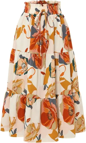 Floral Maxi Skirts for Women Maxi Spring Flowy Boho Comfy Tiered Western Skirt Boho