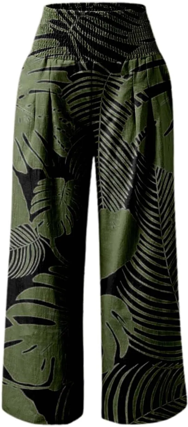 Floral Pants for Women Summer Flowy Elastic High Waist Wide Leg Boho Pant Hawaii Beachwear Casual Trousers Vacation