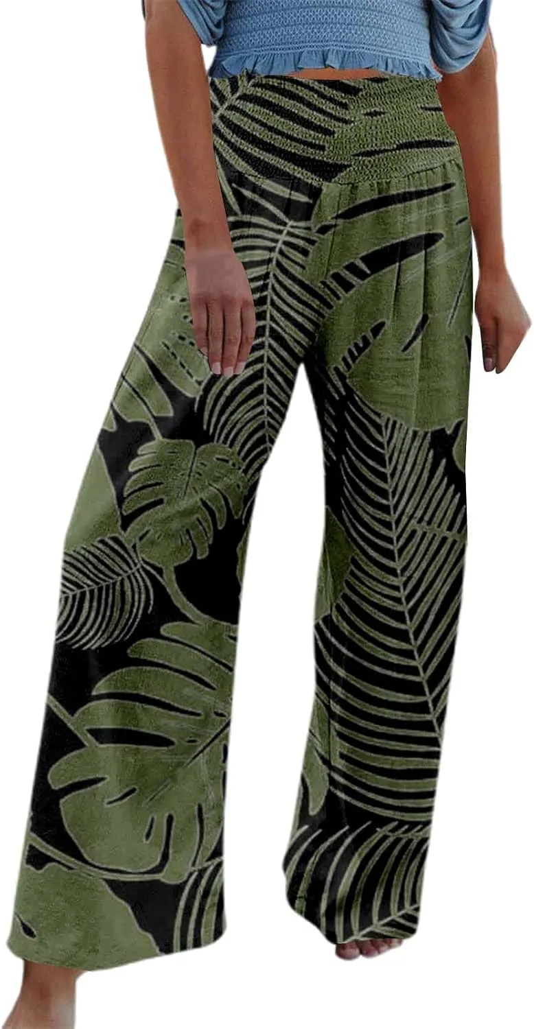 Floral Pants for Women Summer Flowy Elastic High Waist Wide Leg Boho Pant Hawaii Beachwear Casual Trousers Vacation