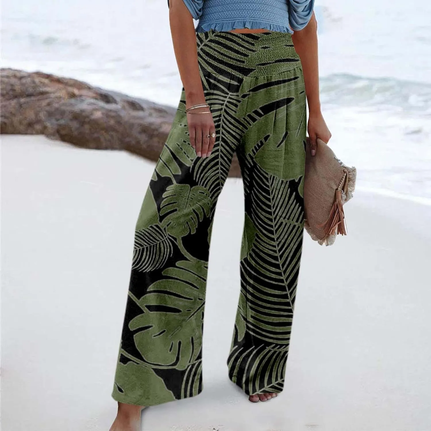 Floral Pants for Women Summer Flowy Elastic High Waist Wide Leg Boho Pant Hawaii Beachwear Casual Trousers Vacation