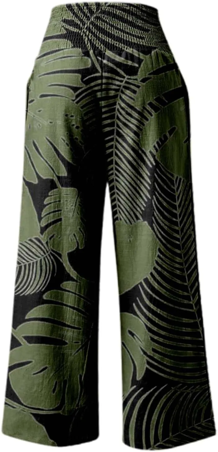 Floral Pants for Women Summer Flowy Elastic High Waist Wide Leg Boho Pant Hawaii Beachwear Casual Trousers Vacation