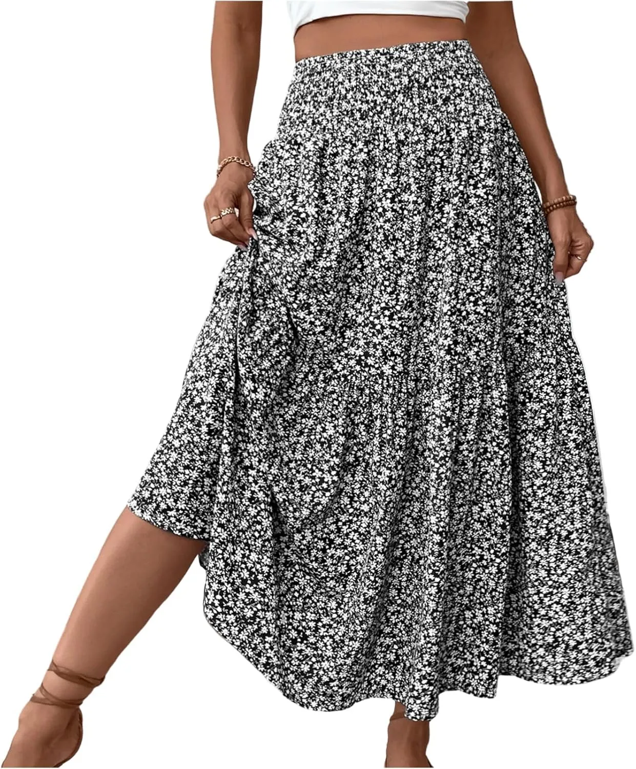 Floral Skirts for Women Summer Flowy Tiered Elastic High Waisted Print Skirt Vacation A-Line Swing Long Midi Skirts