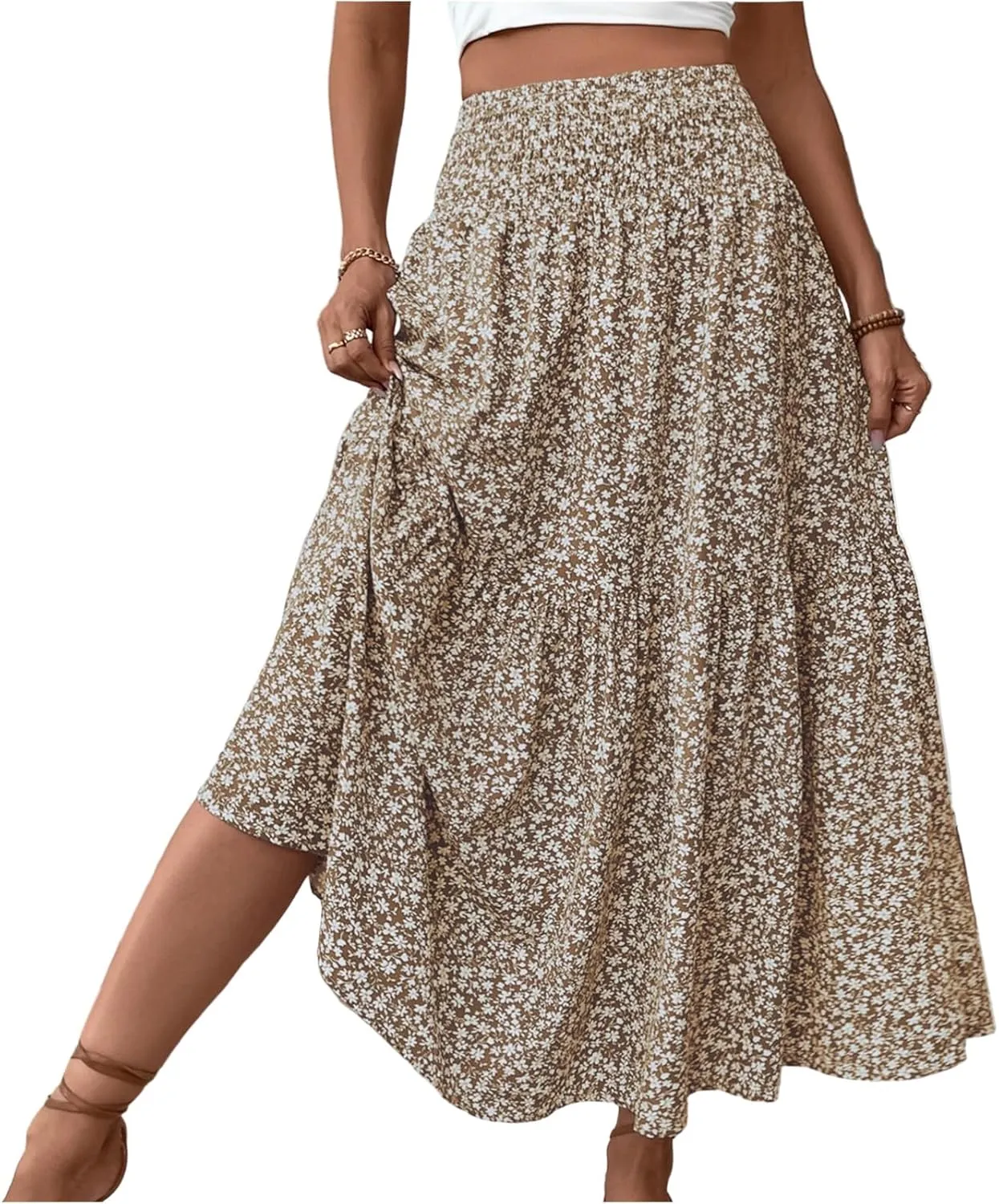Floral Skirts for Women Summer Flowy Tiered Elastic High Waisted Print Skirt Vacation A-Line Swing Long Midi Skirts
