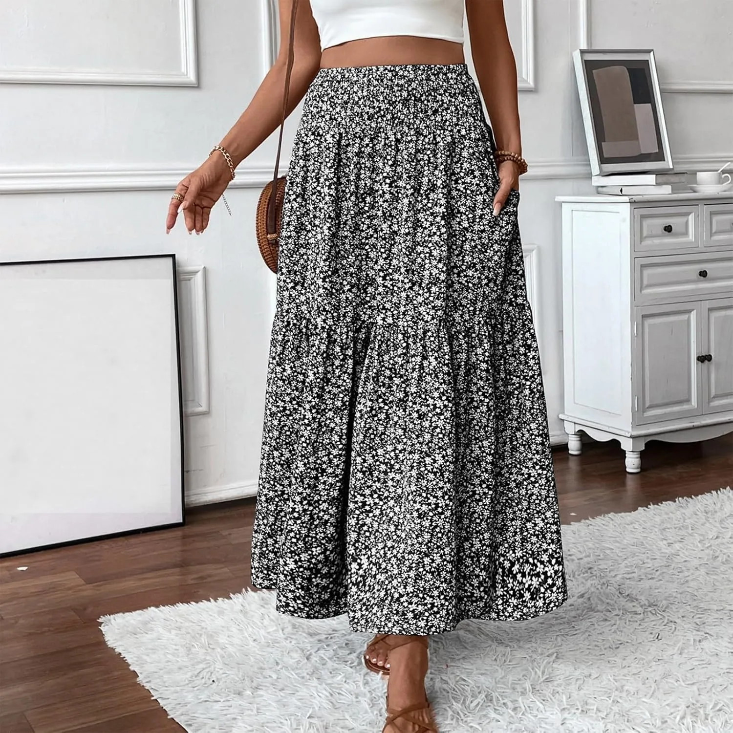 Floral Skirts for Women Summer Flowy Tiered Elastic High Waisted Print Skirt Vacation A-Line Swing Long Midi Skirts