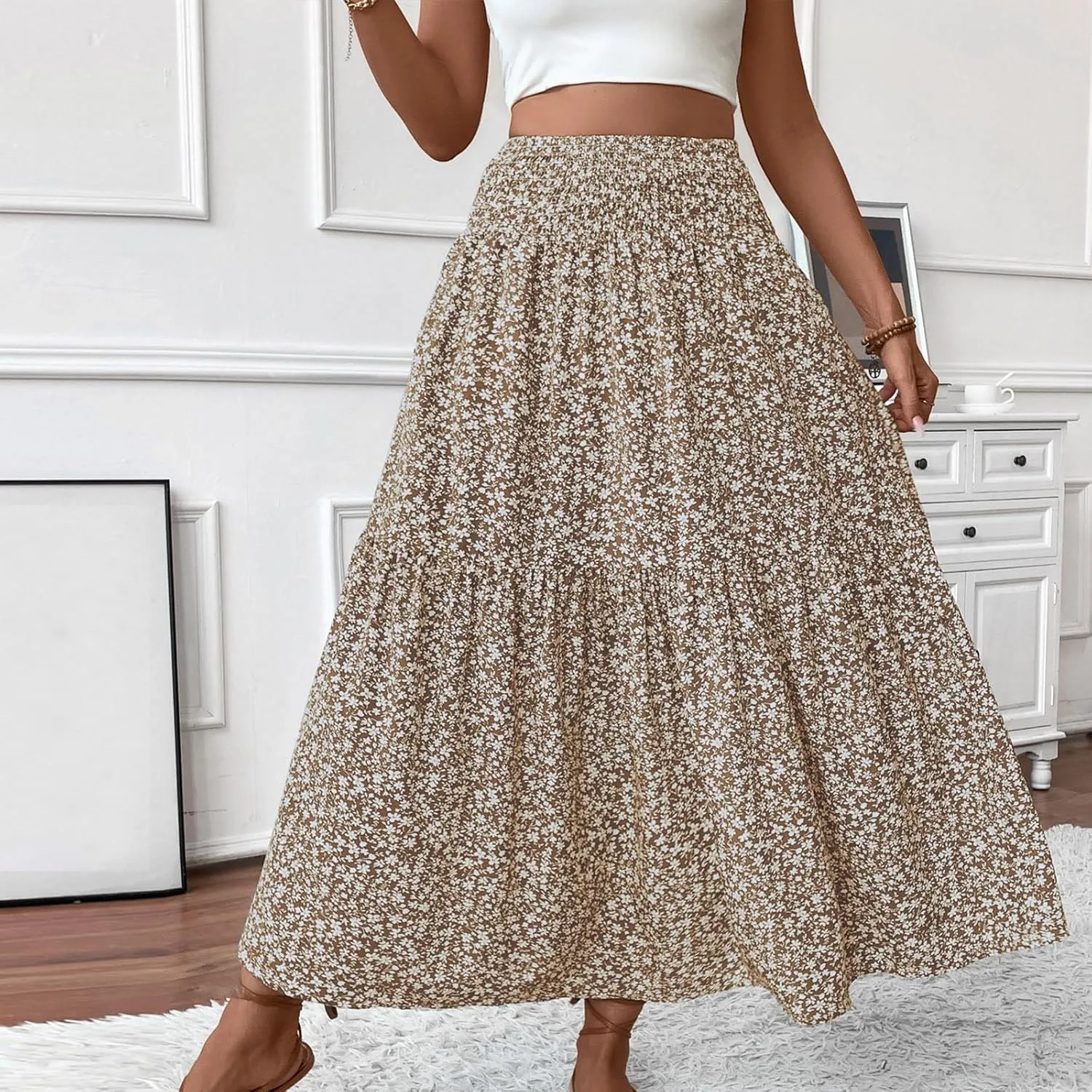 Floral Skirts for Women Summer Flowy Tiered Elastic High Waisted Print Skirt Vacation A-Line Swing Long Midi Skirts