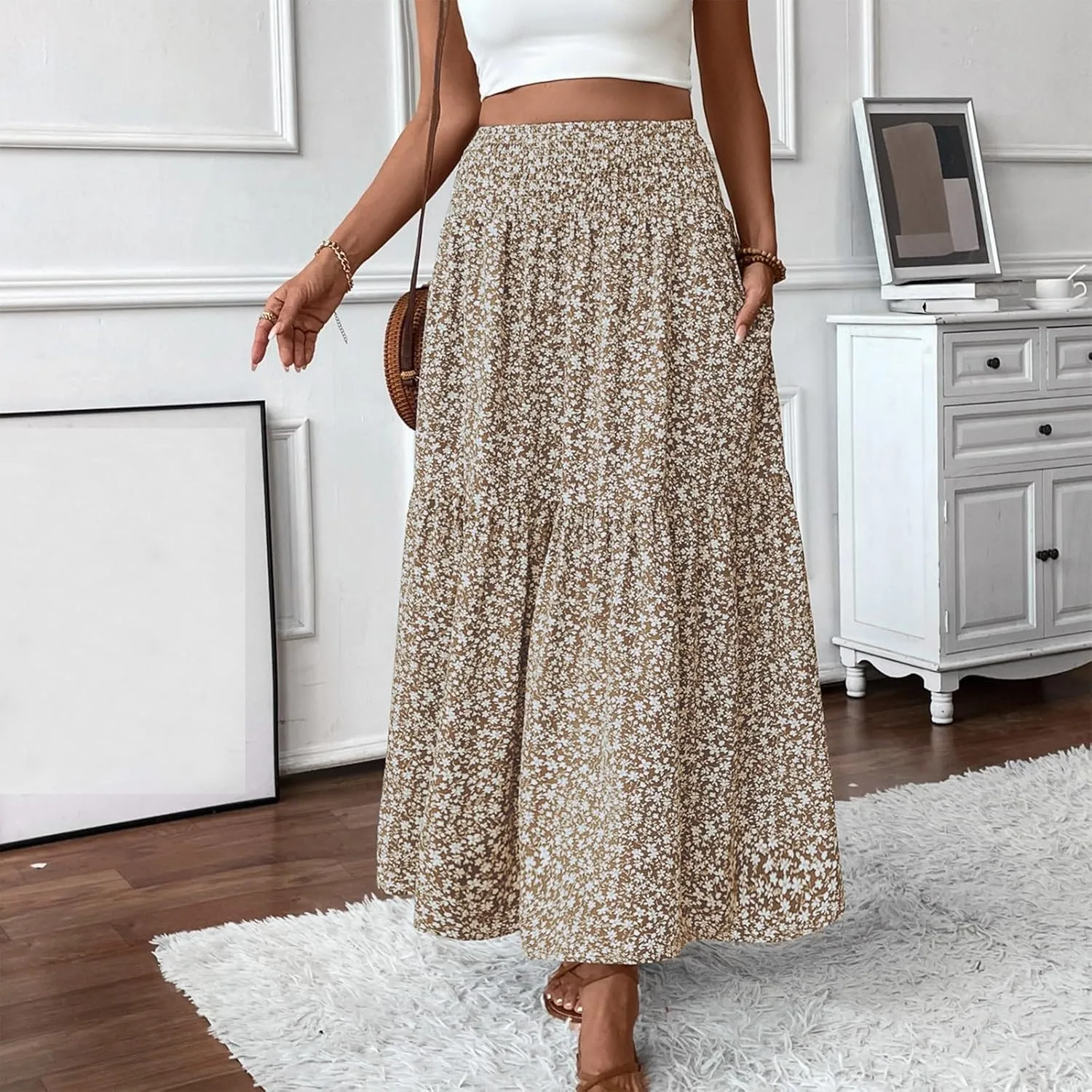 Floral Skirts for Women Summer Flowy Tiered Elastic High Waisted Print Skirt Vacation A-Line Swing Long Midi Skirts