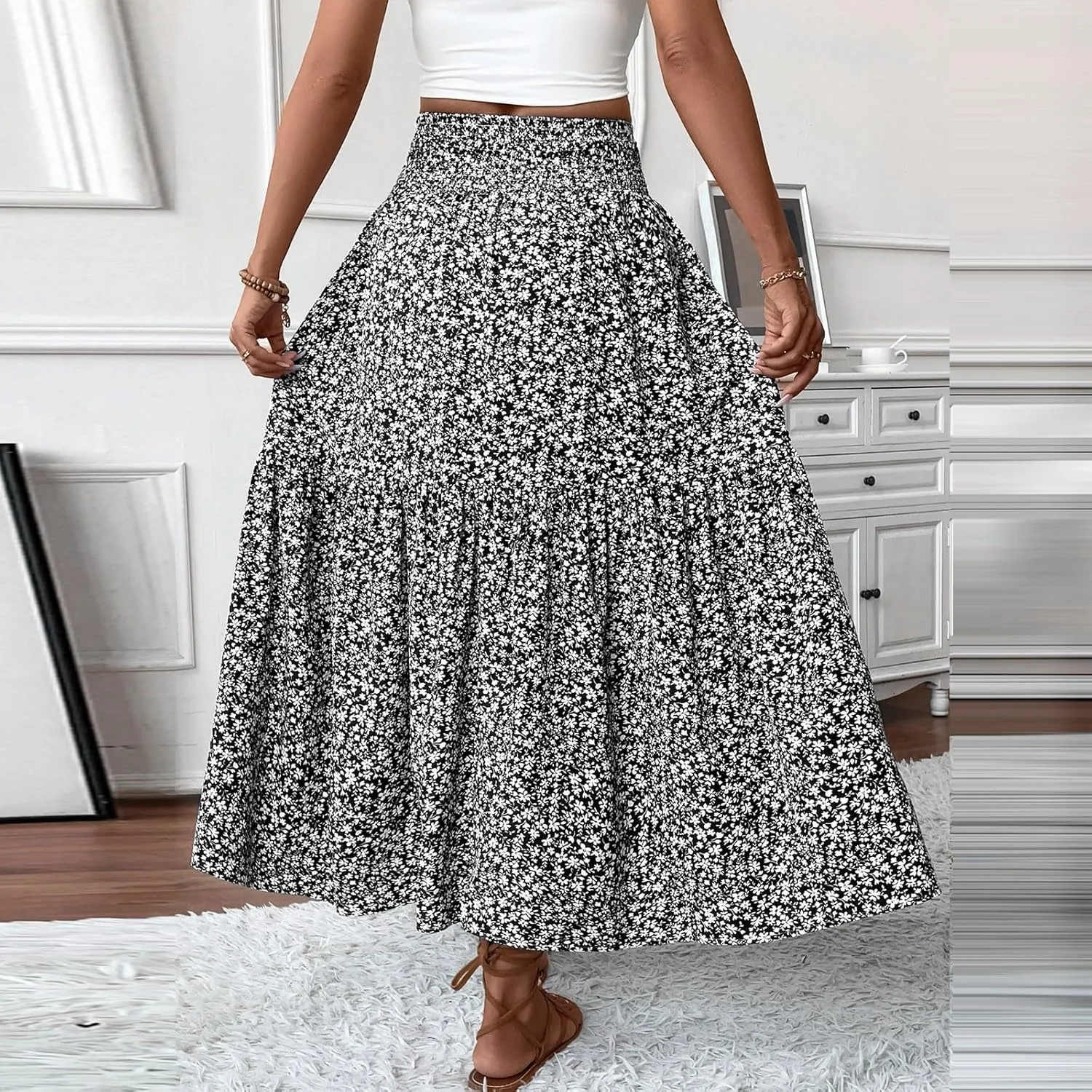 Floral Skirts for Women Summer Flowy Tiered Elastic High Waisted Print Skirt Vacation A-Line Swing Long Midi Skirts
