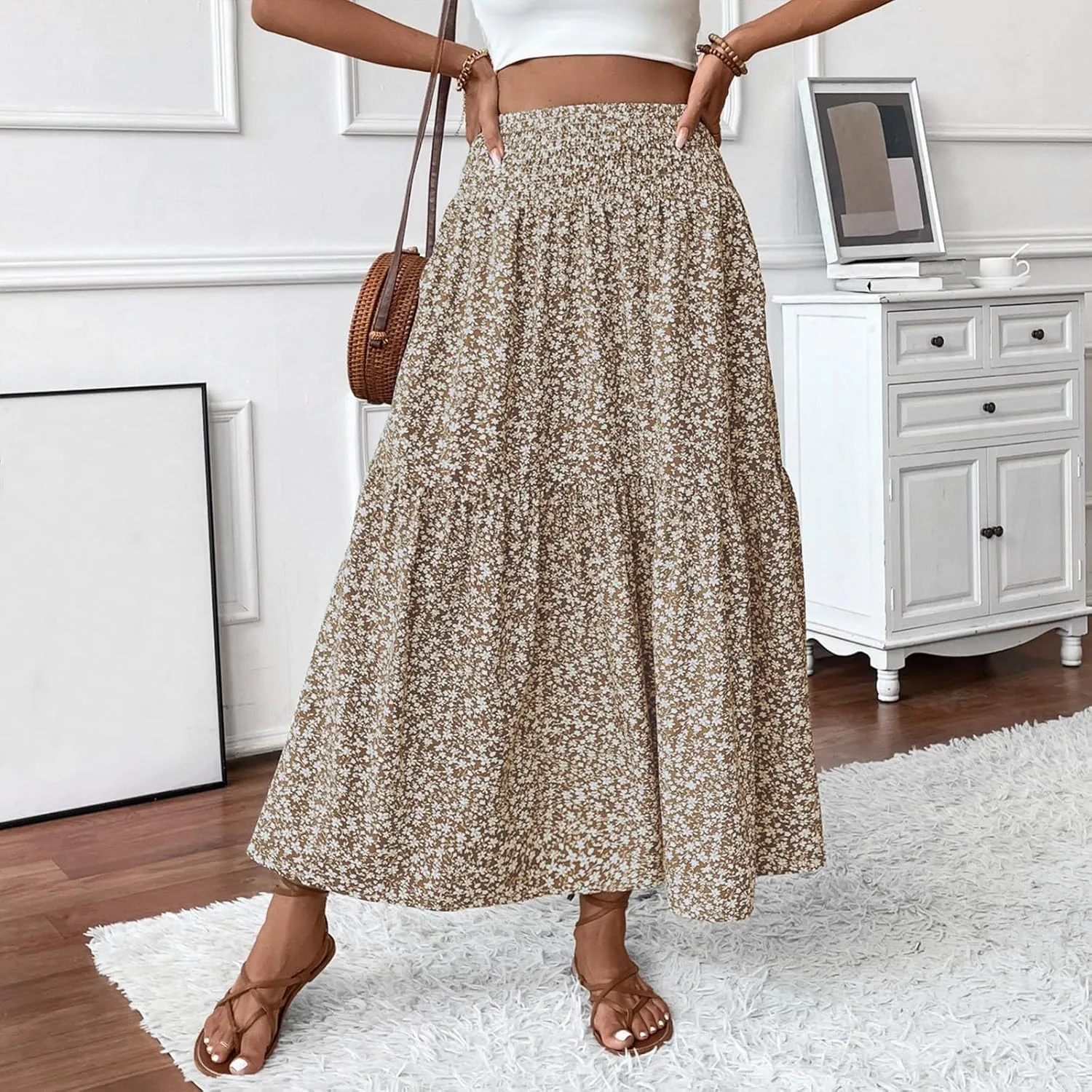 Floral Skirts for Women Summer Flowy Tiered Elastic High Waisted Print Skirt Vacation A-Line Swing Long Midi Skirts
