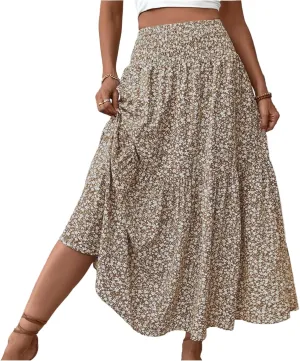 Floral Skirts for Women Summer Flowy Tiered Elastic High Waisted Print Skirt Vacation A-Line Swing Long Midi Skirts