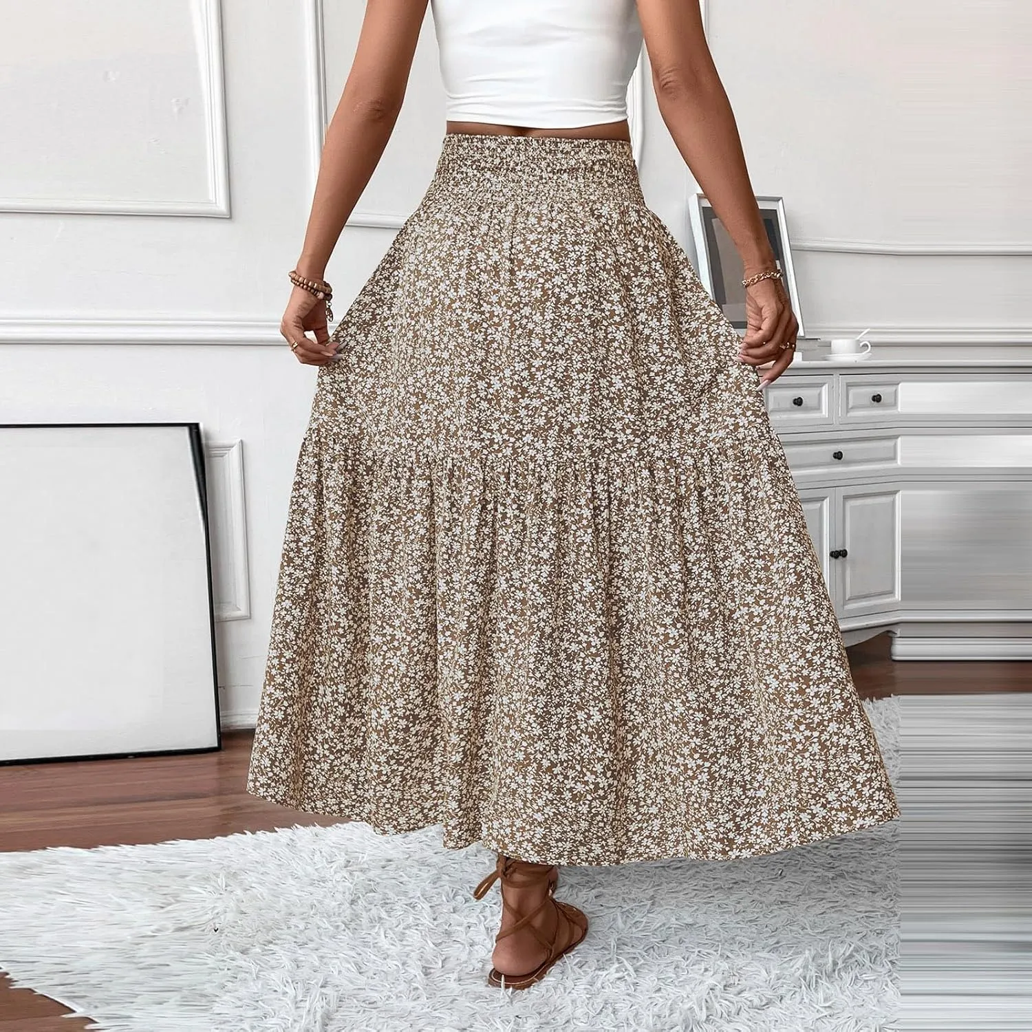 Floral Skirts for Women Summer Flowy Tiered Elastic High Waisted Print Skirt Vacation A-Line Swing Long Midi Skirts