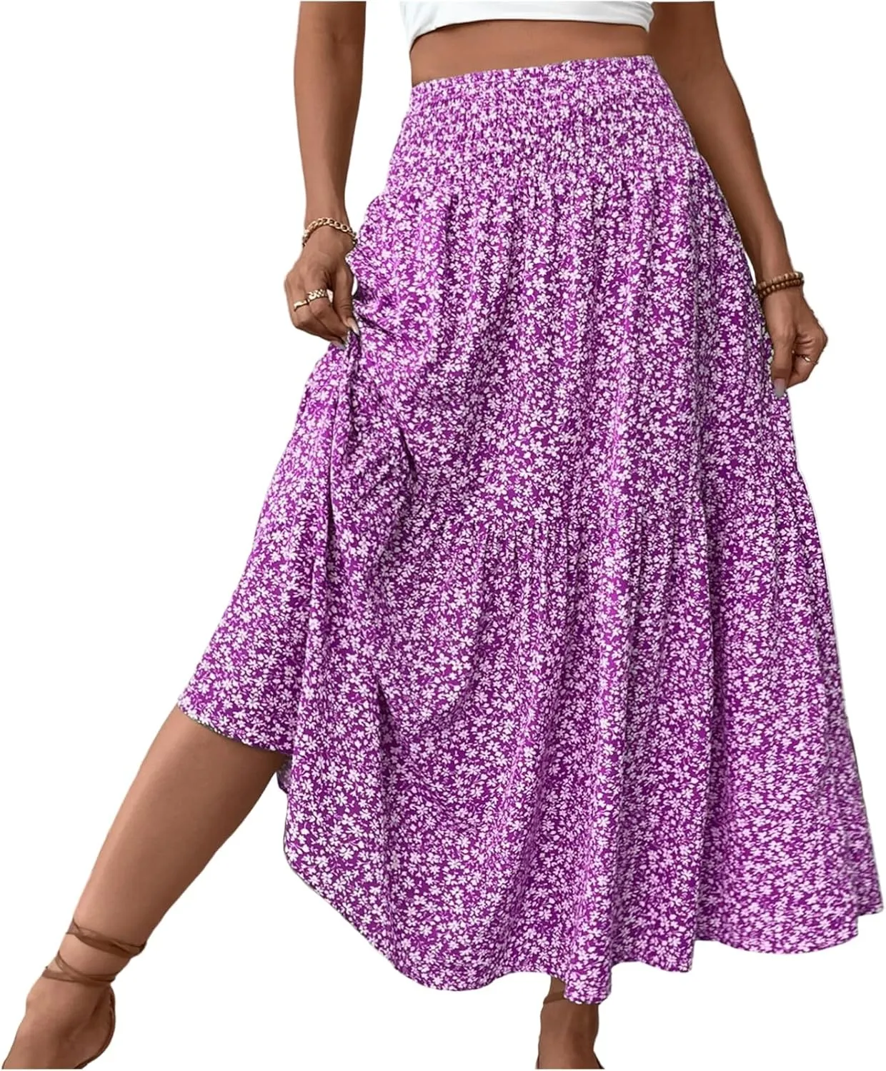 Floral Skirts for Women Summer Flowy Tiered Elastic High Waisted Print Skirt Vacation A-Line Swing Long Midi Skirts