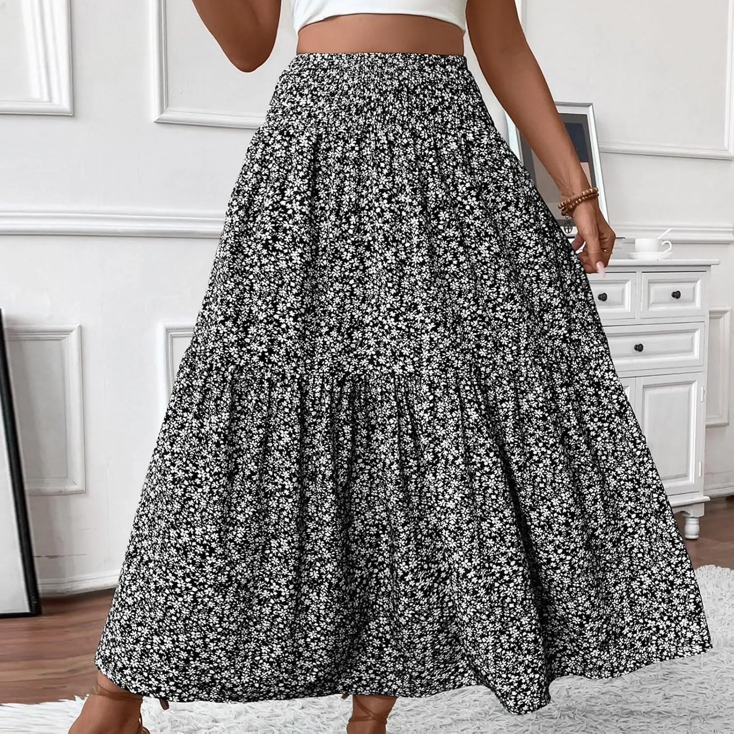 Floral Skirts for Women Summer Flowy Tiered Elastic High Waisted Print Skirt Vacation A-Line Swing Long Midi Skirts