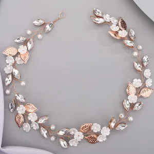 Flower Leaf Crystal Wedding Hair Vine for Bride Bridesmaid Pearls Beads Crystal Hair Accessories for Women and Girls ROSE GOLD