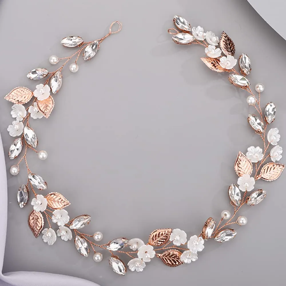 Flower Leaf Crystal Wedding Hair Vine for Bride Bridesmaid Pearls Beads Crystal Hair Accessories for Women and Girls ROSE GOLD