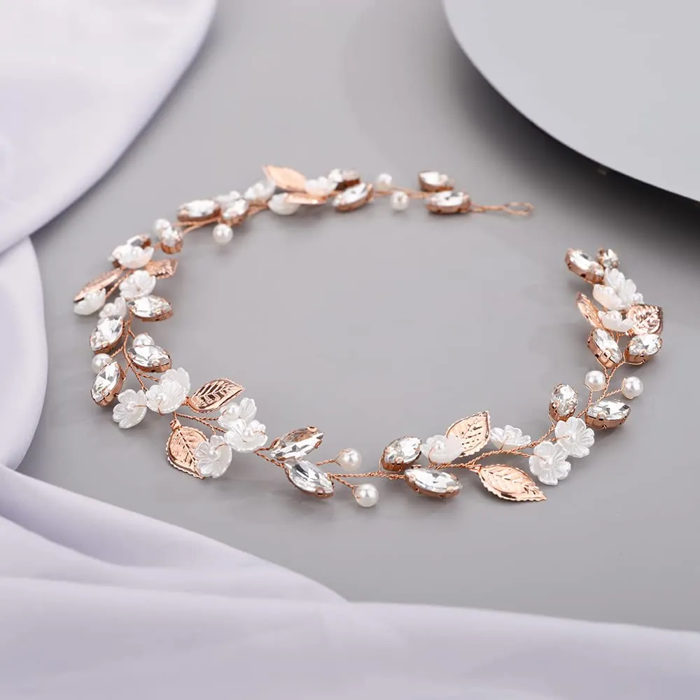 Flower Leaf Crystal Wedding Hair Vine for Bride Bridesmaid Pearls Beads Crystal Hair Accessories for Women and Girls ROSE GOLD