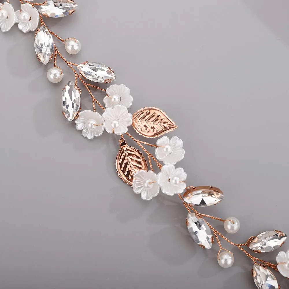 Flower Leaf Crystal Wedding Hair Vine for Bride Bridesmaid Pearls Beads Crystal Hair Accessories for Women and Girls ROSE GOLD